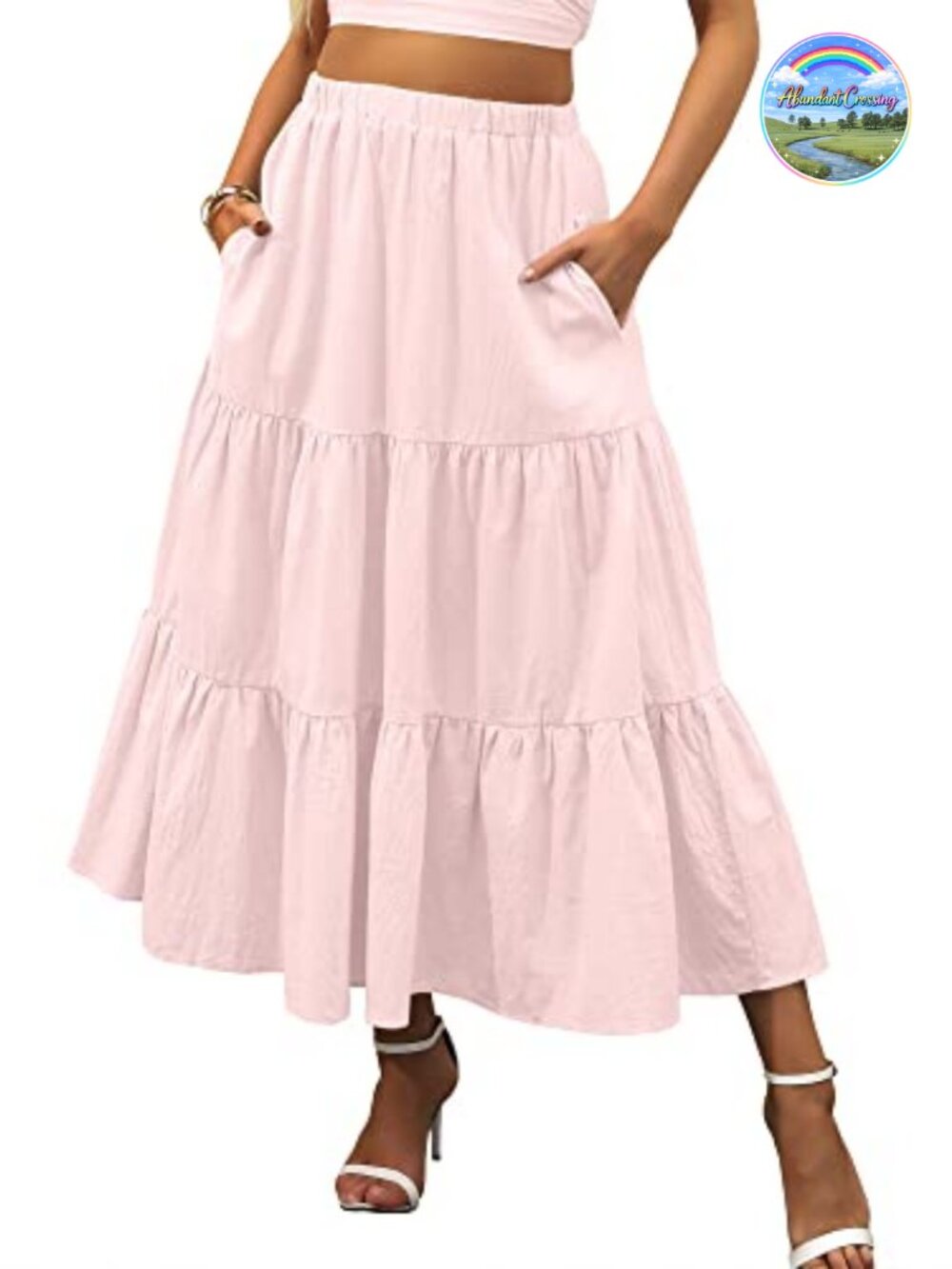 Women's Flowy Maxi Skirt with Pockets 100% Rayon Elastic Waist Tiered Ruffle